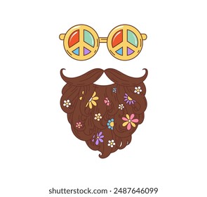 Groovy cartoon retro hippie sunglasses with peace signs and beard in daisy flowers, vector 70s symbol. Groovy cartoon psychedelic emoji face with eyewear glasses and hippie mustaches in flowers