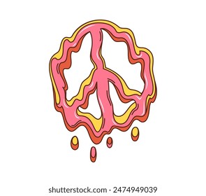 Señal de paz fundida retro de dibujos animados groovy o símbolo hippie de los años 70 de amor feliz, ícono de Vector. Señal de paz de dibujos animados con sirope de fruta de fusión psicodélica o flujo de caramelo para vibraciones positivas y emoción de amor