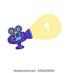 Groovy cartoon retro movie camera with number 1 in beam sight. Funny vintage cinema projector, cinematography and TV show mascot, cine equipment cartoon sticker of 70s 80s style vector illustration