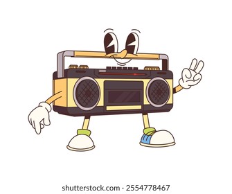 Groovy cartoon retro music player character with funny face, vector personage. Groovy cassette tape player with funky smile and hippie peace sign for disco music or travel and leisure character