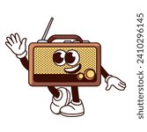 Groovy cartoon retro radio receiver character waving hand. Funny old FM station mascot with speakers and antenna walking to say Hello, radio cartoon sticker of 70s 80s style vector illustration