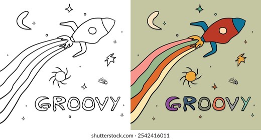 Groovy dibujos animados de estilo retro cohete espacial patrón transparente, página para colorear 60s 70s 80s galaxia espacial universo Ilustración vectorial