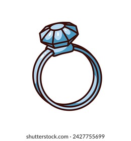 Groovy cartoon ring with big diamond sticker. Funny retro luxury wedding ring gift with gem for bride, marriage or engagement mascot, cartoon proposal emoji of 70s 80s style vector illustration