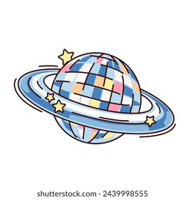 Groovy cartoon rotating disco ball with orbit. Funny retro mirror ball for fun nightclub party and stars, space and galaxy mascot, cartoon Saturn planet sticker of 70s 80s style vector illustration