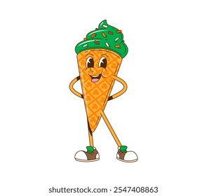 Personaje de helado de día de San Patricio de dibujos animados Groovy para vacaciones irlandesas, Vector funky retro. Groovy helado verde de dibujos animados en cono de agua con trébol de trébol, cara feliz para el personaje del día de San Patricio