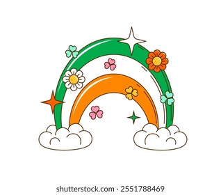 Groovy cartoon Saint Patrick day rainbow in retro hippie art for Irish holiday, vector icon. 70s groovy funky cartoon rainbow with Ireland flag colors, shamrock clover and shine sparkle for St Patrick