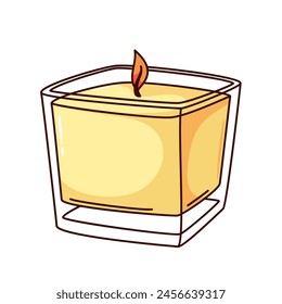 Groovy cartoon scented spa candle in transparent jar. Funny retro candle with fire on wick, glass packaging of square shape. Aromatherapy mascot, cartoon sticker of 70s 80s style vector illustration