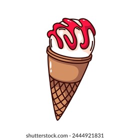 Groovy cartoon scoop of ice cream in waffle cone. Funny retro vanilla sundae with sprinkle of strawberry sauce, dairy mascot, cartoon sweet ice dessert sticker of 70s 80s style vector illustration
