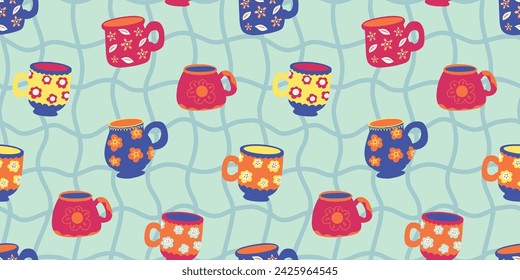 Groovy cartoon seamless pattern with coffee cup with smile, simple flowers. Funny mug ornament 70s style. Retro cartoon print of 60s 70s style vector illustration
