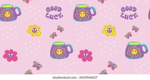 Groovy cartoon seamless pattern with coffee cup with smile flowers, text GOOD LUCK. Funny mug ornament 70s style. Retro cartoon print of 60s 70s style vector illustration