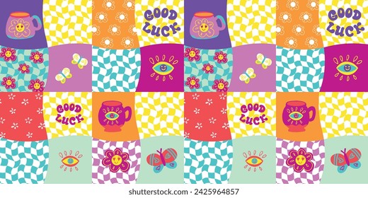 Groovy cartoon seamless pattern with coffee cup with smile flowers, text GOOD LUCK. Funny mug ornament 70s style. Retro cartoon print of 60s 70s style vector illustration