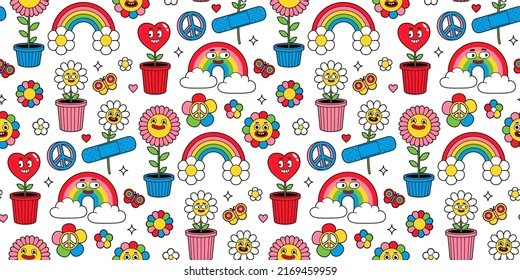 Groovy cartoon seamless pattern. Funny happy Earth, Peace, Love, rainbow, heart, flower, daisy. Vector background in trendy retro cartoon style. Hippie 60s, 70s style. Flower power.