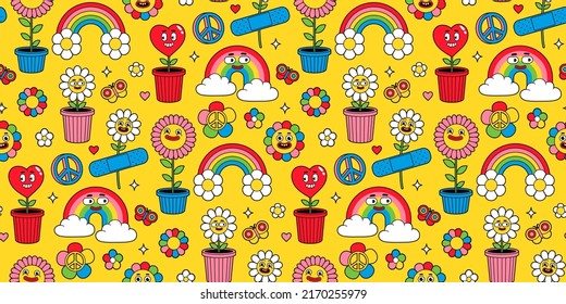 Groovy cartoon seamless pattern. Funny happy Earth, Peace, Love, rainbow, heart, flower, daisy. Vector background in trendy retro cartoon style. Hippie 60s, 70s style. Flower power.