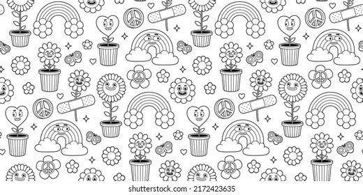 Groovy cartoon seamless pattern. Funny happy Earth, Peace, Love, rainbow, heart, flower, daisy. Vector background in trendy retro cartoon style. Hippie 60s, 70s style. Flower power.