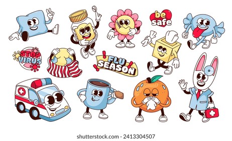Caricatura groovy personajes enfermos, pegatinas de texto para el tratamiento de la gripe y la gripe. Graciosa colección retro de ambulancias, médicos y mascotas con infección por virus y bacterias 70s ilustración vectorial estilo 80s