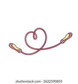 Groovy cartoon pulando corda com forma de coração de corda. Engraçado equipamento de corda retro para exercícios cardio e exercícios, jogo. Amor ao mascote esportivo, adesivo de desenho animado de estilo ilustração vetor dos anos 70 e 80