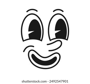 Groovy cartoon smile beams with psychedelic vibes, featuring funny, exaggerated eyes brimming with joy. Isolated vector retro cute emoji character with a vibrant, infectious grin, and nostalgic mood