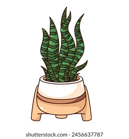 Groovy cartoon snake plant in pot on legs. Funny retro evergreen Dracaena trifasciata in vase, home garden plant mascot, cartoon tropical houseplant sticker of 70s 80s style vector illustration