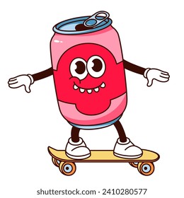 Groovy cartoon soda drink can character with skateboard. Funny aluminium bottle with carbonated soda water or cola, retro mascot skateboarding, cartoon sticker of 60s 70s style vector illustration