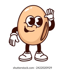 Groovy cartoon soya bean character with hand up. Funny retro happy seed with comic face waving, cheerful soybean mascot in greeting pose, cartoon food sticker of 70s 80s style vector illustration