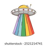 Groovy cartoon space UFO or alien saucer with rainbow stars, vector retro comic. 70s retro groovy art alien UFO spaceship with psychedelic rainbow laser and galaxy stars for funky disco or rave badge