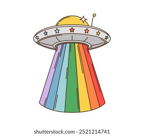 Groovy cartoon space UFO or alien saucer with rainbow stars, vector retro comic. 70s retro groovy art alien UFO spaceship with psychedelic rainbow laser and galaxy stars for funky disco or rave badge