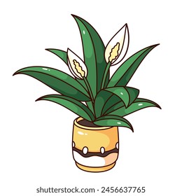 Groovy cartoon Spathiphyllum plant in round pot with pattern. Funny retro green houseplant with white flowers, home garden mascot, cartoon potted plant sticker of 70s 80s style vector illustration