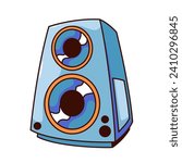 Groovy cartoon speaker to listen to music. Funny blue box of speaker, acoustic audio system for disco or rock party. Retro subwoofer mascot and cartoon sticker of 80s 90s style vector illustration