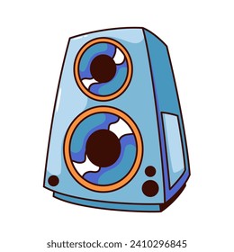 Altavoz de dibujos animados Groovy para escuchar música. Graciosa caja azul de altavoz, sistema de audio acústico para discoteca o fiesta de rock. Máscara de subwoofer retro y pegatina de dibujos animados de la ilustración vectorial estilo años 90