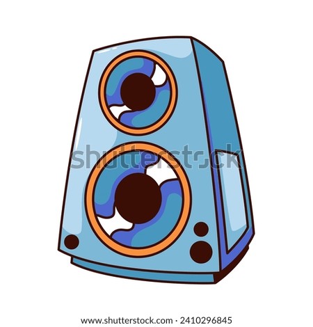 Groovy cartoon speaker to listen to music. Funny blue box of speaker, acoustic audio system for disco or rock party. Retro subwoofer mascot and cartoon sticker of 80s 90s style vector illustration