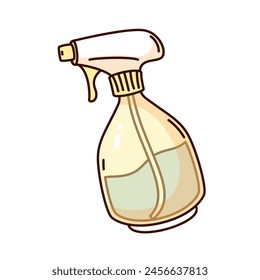 Groovy cartoon spray bottle with sprinkler for gardening. Funny retro plastic sprayer bottle for water and pesticides, home garden tool mascot, cartoon sticker of 70s 80s style vector illustration