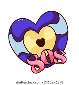 Groovy cartoon sticker with 80s lettering and vinyl record in heart shape. Funny LP disc for DJ, love and nostalgia to retro music mascot, 80s text of cartoon balloon font vector illustration