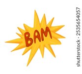 Groovy cartoon sticker with Bam text and yellow cloud of explosion. Funny retro hippie speech balloon, bam sound effect, surprise explosion sound for comics. Isolated on white background