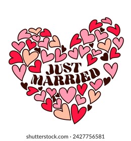 Pegatina de dibujos animados de forma de corazón con texto de Just Married. Divertida cita retro y muchos doodle corazones, matrimonio y amor insignia, diseño de tipografía de boda de dibujos animados de los años 70 80 estilo ilustración vectorial