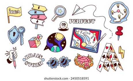 Groovy cartoon stickers of brainstorm and creative thinking set. Funny retro badges of ideas and projects creation, brainstorm mascots, cartoon stickers collection of 70s 80s style vector illustration