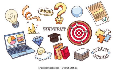 Groovy cartoon stickers of brainstorm on idea set. Funny retro puzzle and light bulb, graduation cap, diamond mascots. Cartoon brainstorm stickers collection of 70s 80s style vector illustration