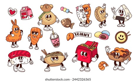 Pegatinas de dibujos animados y personajes de la comida japonesa. Divertido sushi de atún y camarones retro, takoyaki y mochi en la colección de mascotas de dibujos animados, emoji de comida rápida de los años 70, 80 estilo ilustración vectorial