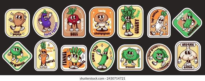 Groovy cartoon stickers with fun vegetable characters set. Funny retro posters collection of healthy cartoon vegetable mascots, patches of geometric rounded shape in 70s 80s style vector illustration