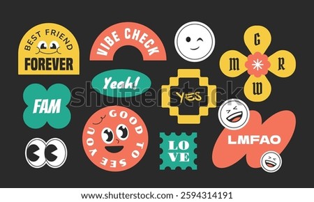 Groovy cartoon stickers, patch, label collection. Y2k style character geometric with gen z and millenials slang words.