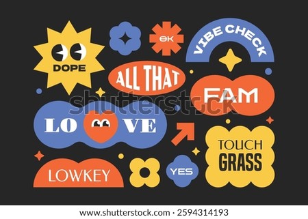 Groovy cartoon stickers, patch, label collection. Y2k style character geometric with gen z and millenials slang words.