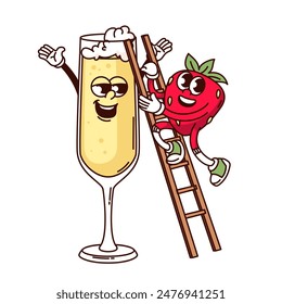 Groovy cartoon strawberry character climbing into glass of champagne. Funny retro happy strawberry and sparkling wine wineglass, berry cocktail mascot, cartoon sticker of 70s 80s vector illustration