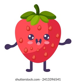 Groovy cartoon strawberry. Happy cute fruit character, plant with smiling face, funny berry, graphic elements isolated collection. Vector food illustration.