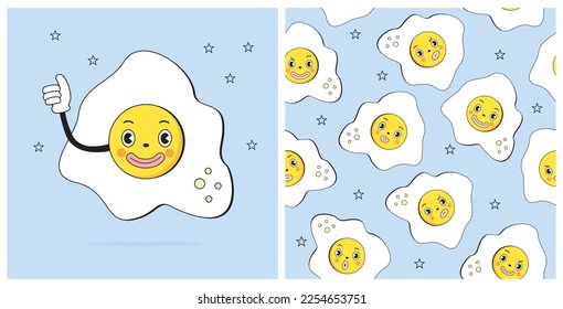 Ilustración de vectores de vectores de caricatura estilo retro lindo y patrón sin inconvenientes con huevos y estrellas fritos sonrientes en un fondo azul pastel. Impresión de alimentos saludables ideal para tarjeta, arte de pared, afiche, tela. 