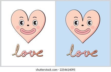 Groovy Cartoon Style Valentine's Day Vector Illustration with Pink Smiling Heart on a Blue and White Background.Funny Oldschool Design.Funky Love Symbol. Romantic Print ideal for Card,Wall Art,Poster.