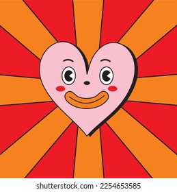 Groovy Cartoon Style Valentine's Day Vector Illustration with Pink Smiling Heart on a Red-orange Background. Funny Oldschool Design.Funky Love Symbol. Romantic Print ideal for Card, Wall Art, Poster.