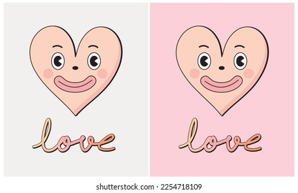 Groovy Cartoon Style Valentine's Day Vector Illustration with Pink Smiling Heart on a Gray and Pink Background. Funny Oldschool Design.Funky Love Symbol. Romantic Print ideal for Card,Wall Art,Poster.