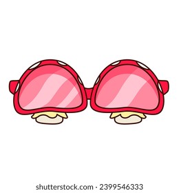 Groovy cartoon sunglasses with frames of mushroom shape. Funny psychedelic eyeglasses for trippy hippy party, retro sunglasses with magic shroom, cartoon sticker of 60s 70s style vector illustration