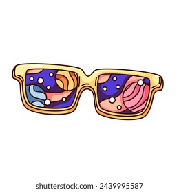 Groovy cartoon sunglasses with planets and space on glasses. Funny retro psychedelic universe in spectacles, fun astronomy mascot, cartoon hippy sunglasses sticker of 70s 80s style vector illustration