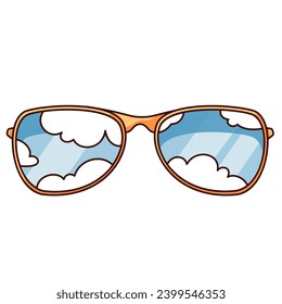 Groovy cartoon sunglasses with reflection of clouds and blue sky on glass. Funny retro eyeglasses for hippie party, nature view on lens, sunglasses cartoon sticker of 60s 70s style vector illustration