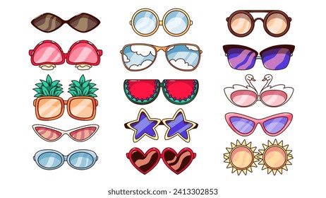 Gafas de sol de dibujos animados de Groovy. Funny lentes de verano retro con reflejo y nubes en lentes, redondos y forma de ojos de gato. Ilustración de dibujos animados de gafas de sol Hipsters de ilustraciones vectoriales de estilo de los años 70